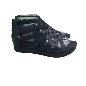 Eileen Fisher Airy Wedge black leather strappy gladiator caged sandals